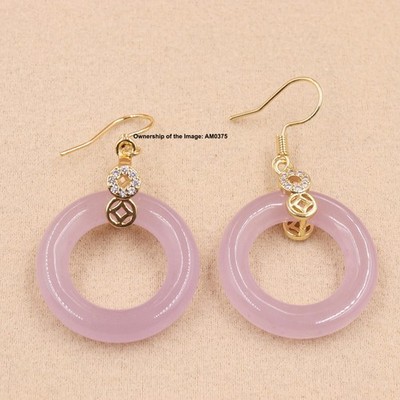 New Yellow Alloy Women Purple Jade Circle Dangle Earrings Drop Hook 40mm H