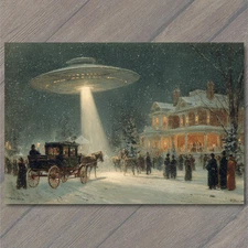 POSTCARD UFO Over Victorian Winter Village Christmas Night Lights Snowy Street S
