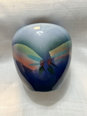 Vintage Judith Stiles 1980s Pottery Vase Signed Blues and Pink Swirls