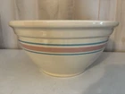Vintage Pottery Oven Ware Large 14" Mixing Bowl Pink Blue Stripes USA 0114