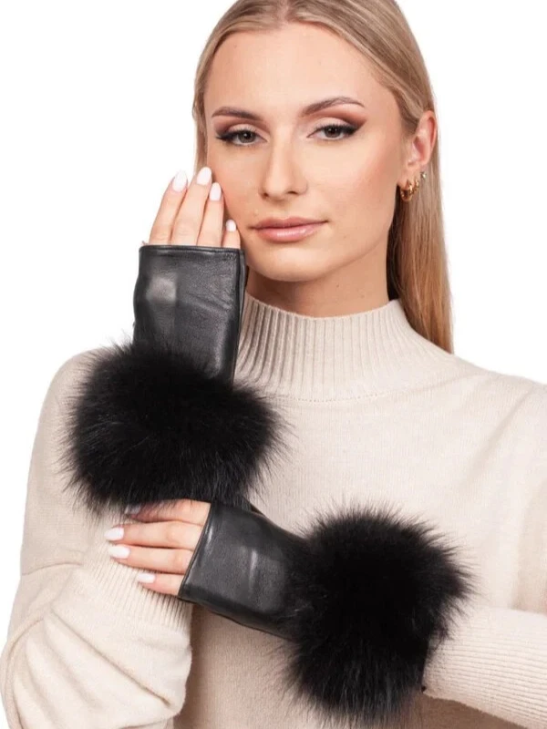Black Leather Fingerless Gloves With Fox Fur Trim,Women'sStylish Wristlet Gloves
