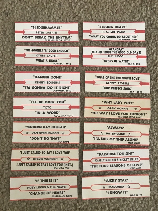 Lot of 14 JUKEBOX Title Strips - Rock - Pop - Country - Madonna - Toto - Lauper