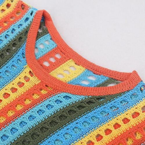 Women Beach Long Sleeve Bikini Cover Up Hollow Crochet Rainbow Stripe Mini Dress - Bild 6 von 8