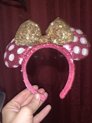 Sequin Pink Polka Dot Minnie Ears Headband with Gold Bow Disney Parks Minnie Hot Pink Sequin & White Polka Dot Gold  main image 4