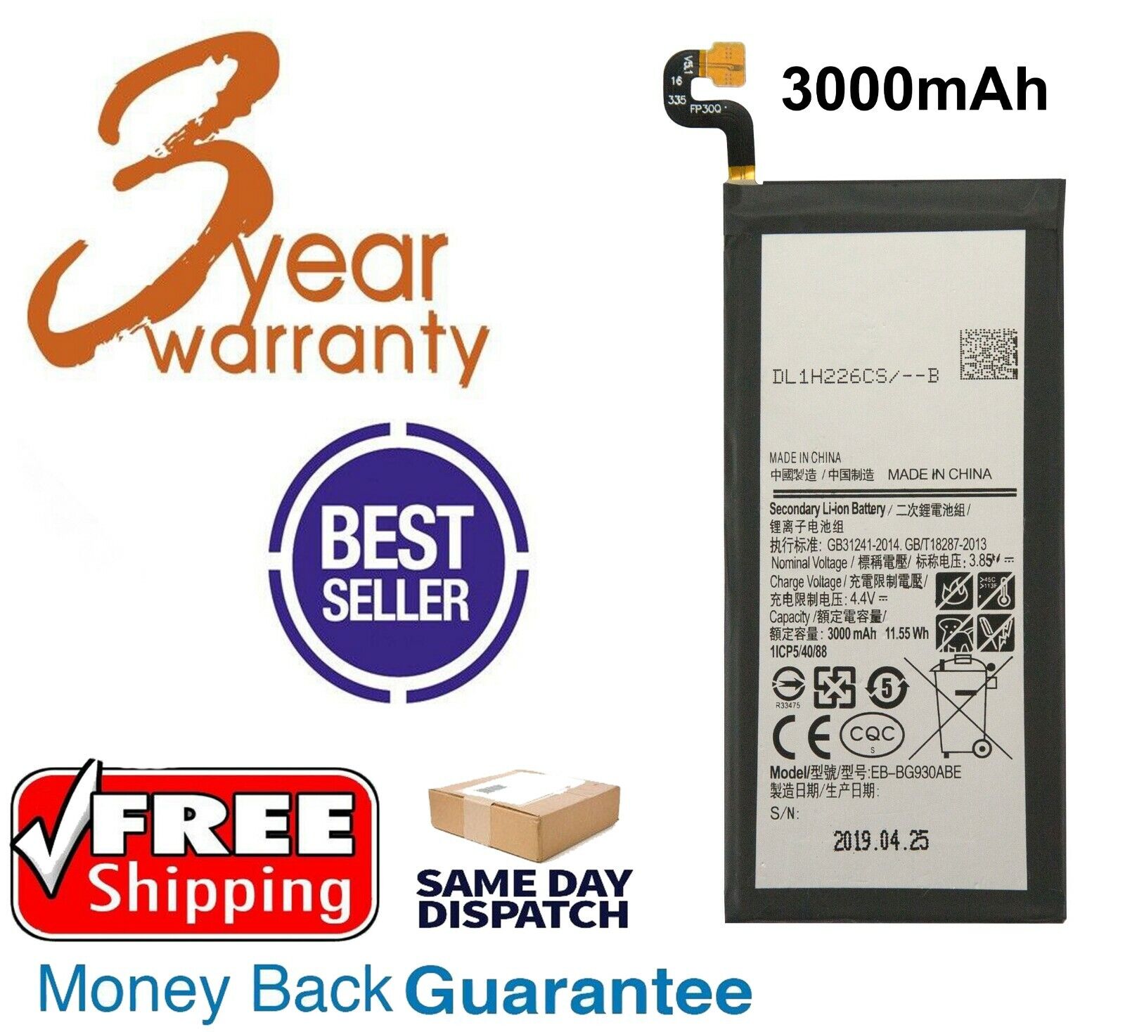Replacement Battery Max 78% OFF Fits Samsung Galaxy 1 year warranty EB-BG930ABE 3000 G930 S7
