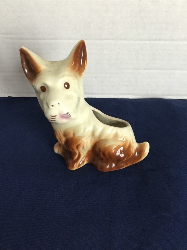 White and Brown Scottish Terrier Scottie Dog with Perky Ears Ceramic Planter