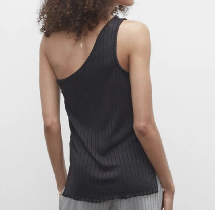 Womens One Shoulder Tank Top Small P Black Ribbed Scallop Hem Dark Sexy NWOT - Image 4 of 4