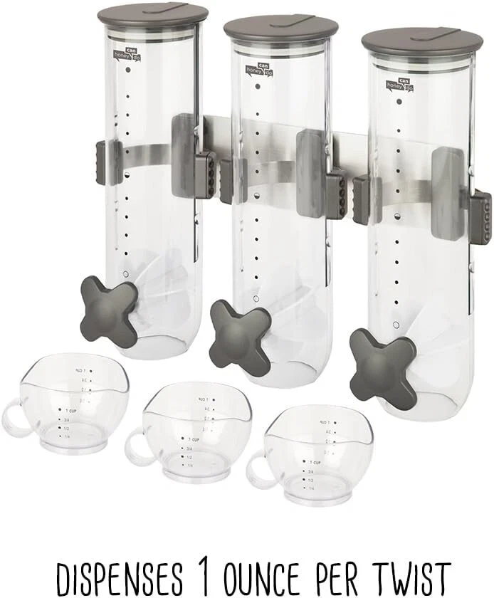 Wall Mount Triple Dry Food Dispenser Cereal, Pet Food, Grains, Rice 39OZ, Gray