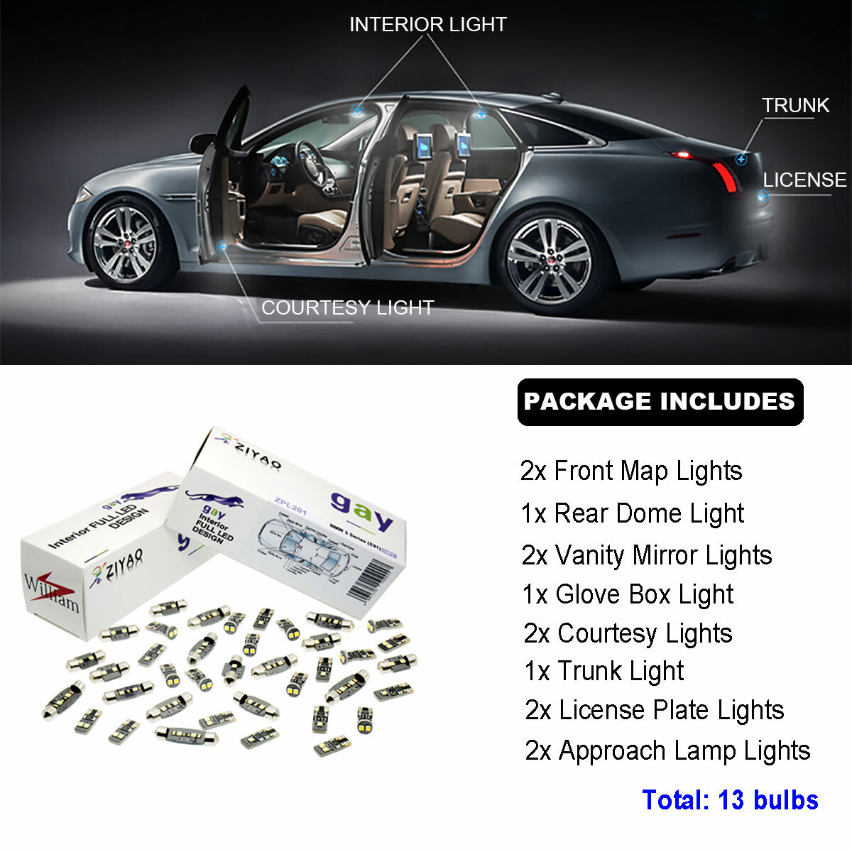 13 Lights Deluxe White Super Interior LED Light Kit For Mazda RX8 2003