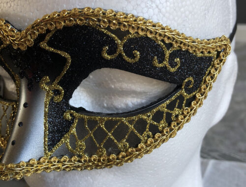 Fancy Masquerade Mardi Gras Mask Black Grey Silver Gold Glitter New With Tags - Picture 3 of 7