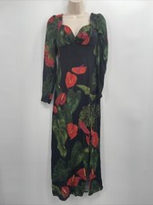 Farm Rio Women's Long Sleeve Floral Black Anthurium Slit Midi Dress Size XS