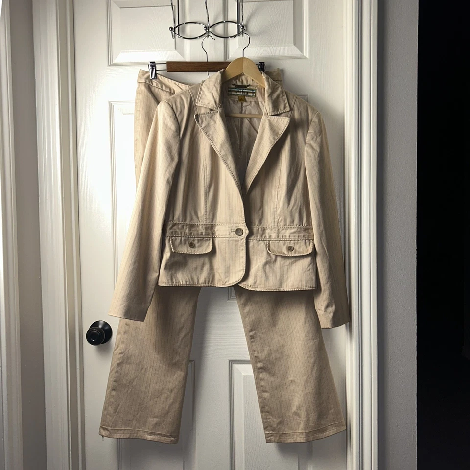 Allen B Schwartz ABS 棕褐色胸针条纹两件式西装裤套装 14 码 — 第 2/4 张图片