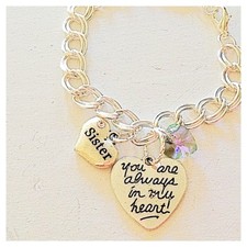 Sister Silver Custom Charm Bracelet 'You Are Always in My Heart' Jewelry Gift