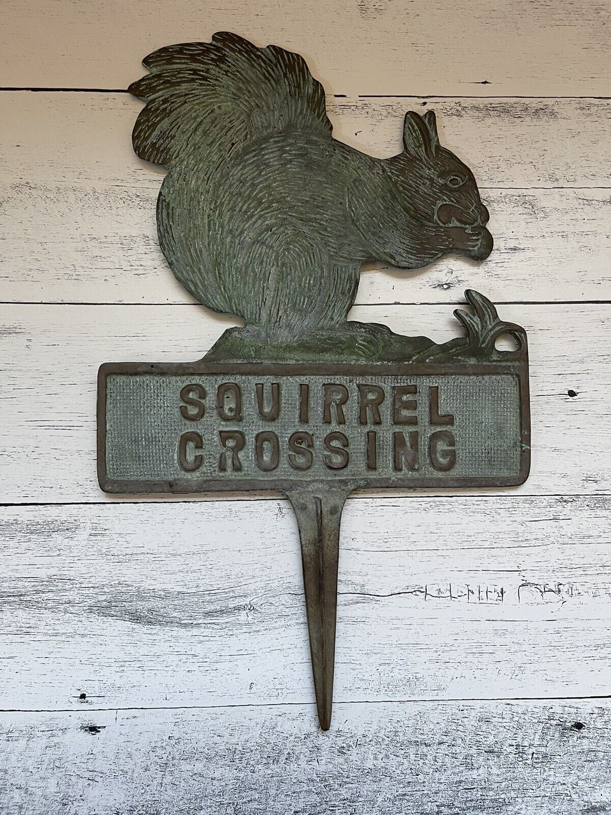 Vintage Squirrel Crossing Stake/Sign Plaque  Cast Brass Garden D