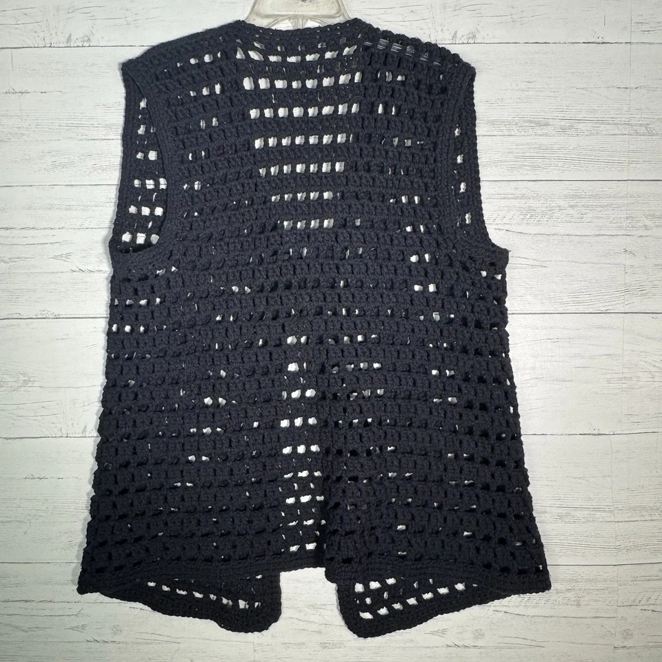 Vintage Black Hand Crocheted Sleeveless Vest Boho Women’s Sz Large Tie Front - Image 3 of 4