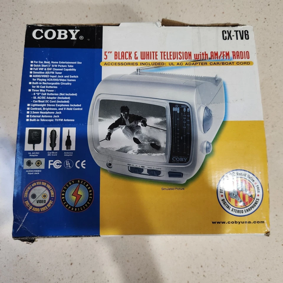 New 5” Coby CX-TV6 Portable Black White Mini TV AM/FM Radio & Digital Earphones - Image 2 of 4