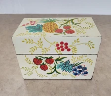 🍍🍇VINTAGE Tin Recipe Box Card Filer 🍓 J Chein & Co USA Lift Top Metal Fruit