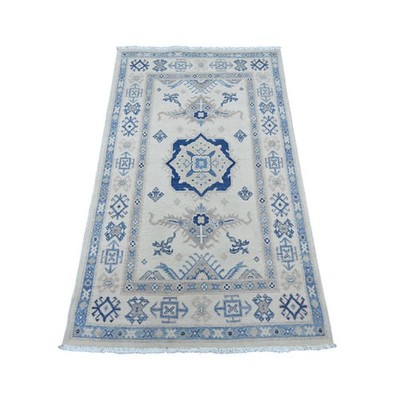 3'x4'10'' Ivory Vintage Look Kazak with Medallion Hand Knotted Wool Rug 21984