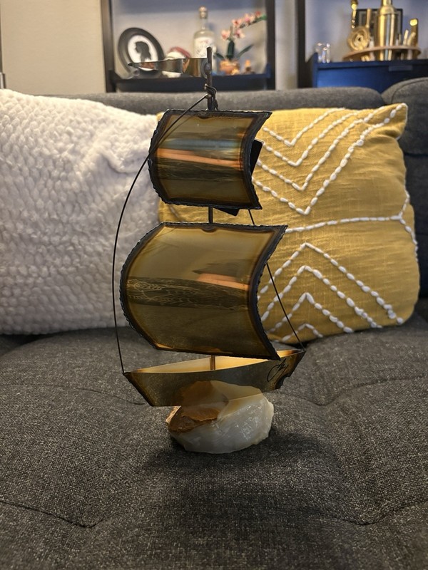 11.5" Signed Demott Mid-Century Modern Brass Sailboat Sculpture on Onyx Base