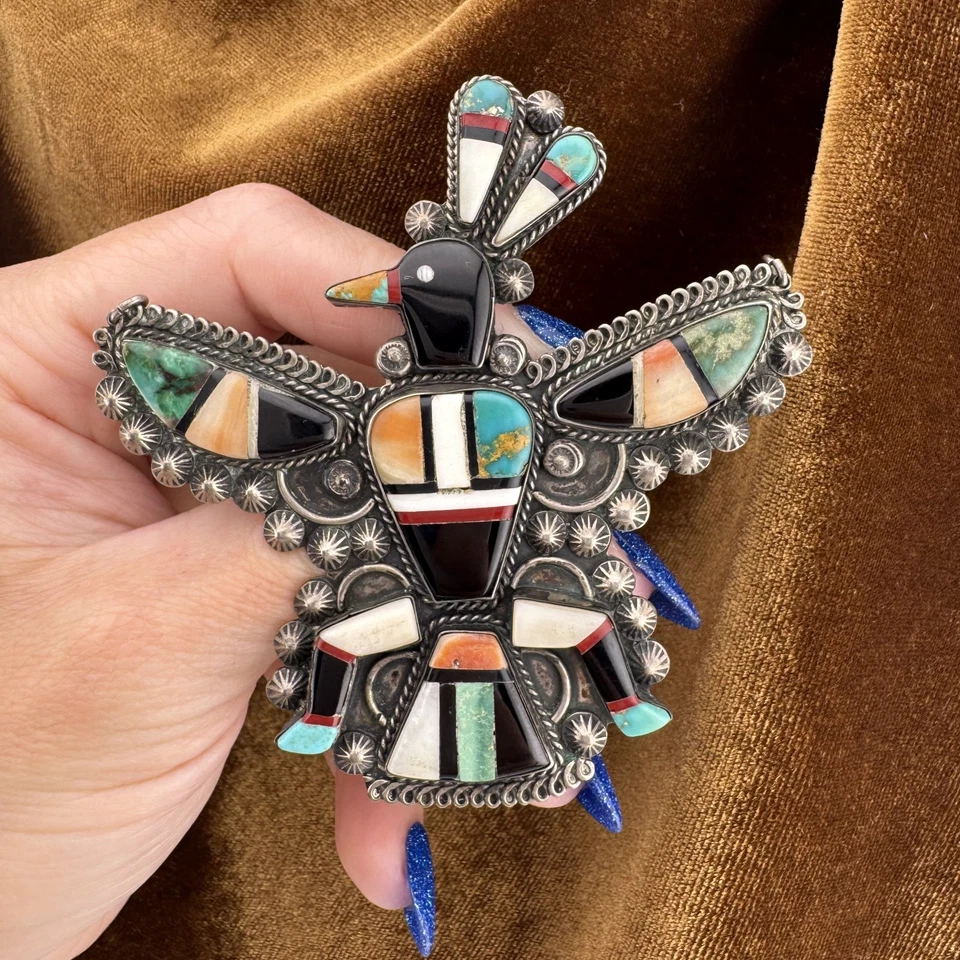 Bold Vintage Sterling Silver Southwestern Large Thunderbird Inlay Brooch 37g - image 2 of 4