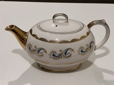 Gibsons Staffordshire England Vintage Teapot in White, Blue & Gold Gilt Pattern