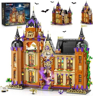 1960PCS Magic School Building Set with Light Castle Clock Tower Model Kit