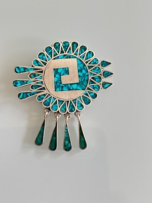 Rafael Dominguez Taxco Mexiko Vintage Brosche / Anhänger Silber Türkis-Mosaik