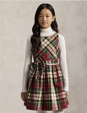Polo by Ralph Lauren Girls' Red Green Cream Plaid Taffeta Dress with Waist Bow