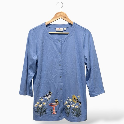 Quacker Factory Strickjacke Jacke blau Frühling Vogel bestickt Druckknopf Gr. M