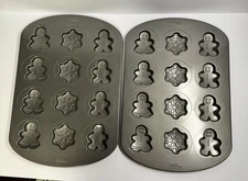 Set Of 2 Wilton Christmas 12 Cookie Pan Gingerbread Man Snowflake Mold Non-Stick