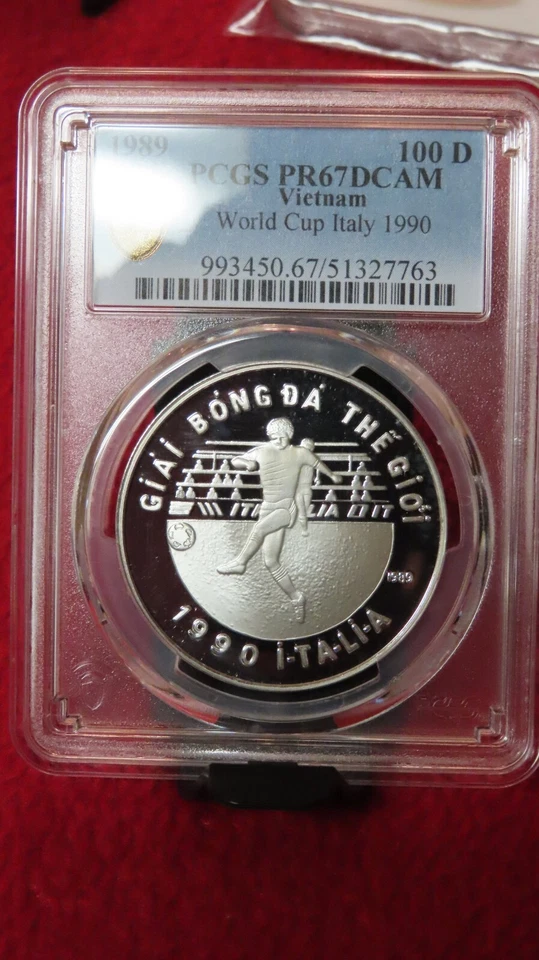 Vietnam 1989 World Cup Italy 999 Silver 100 Dong Soccer / Football PCGS PR67 - Image 4 of 4