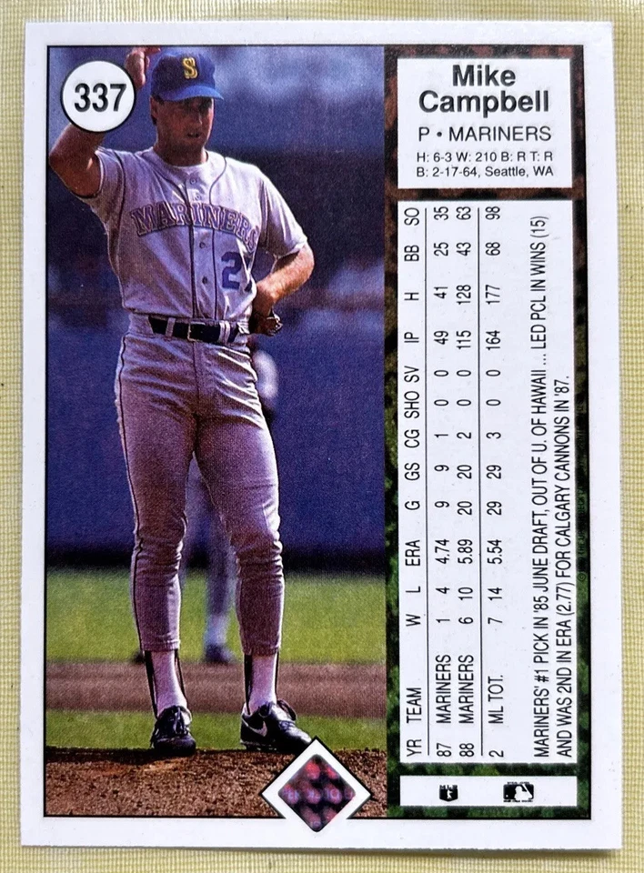 1989 Upper Deck Mike Campbell Baseball Card #337 Mariners Pitcher Mid-Grade VGEX - Image 2 of 2