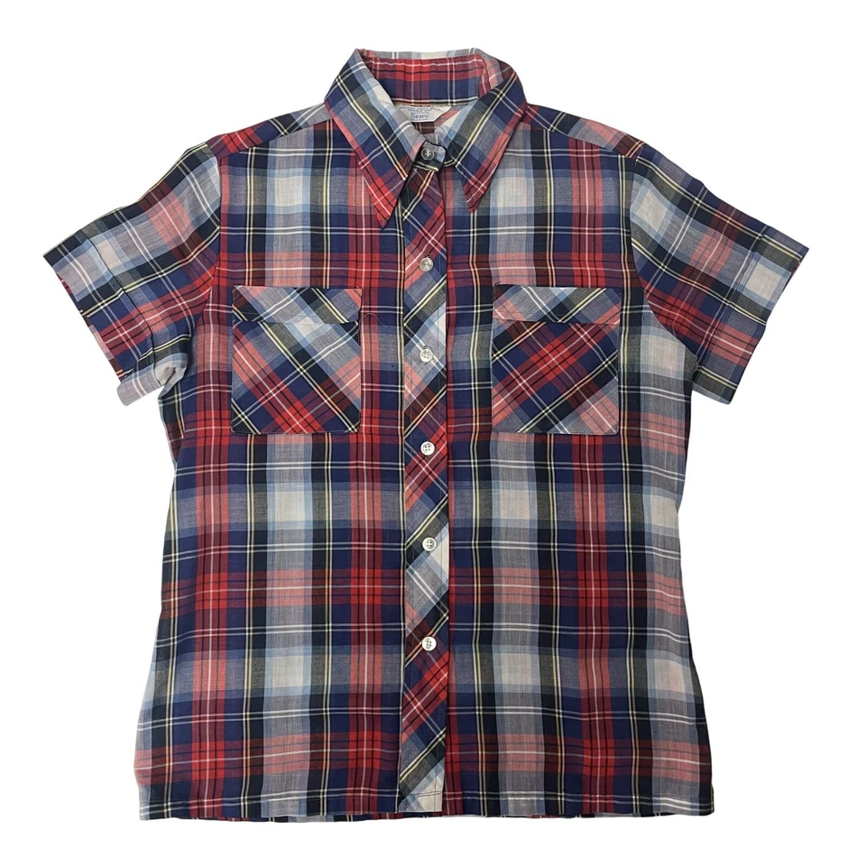 Camisa De Colección Años 70 80 Sears Azul Rojo SOMBRA CUADROS BoHo HIPPIE Ultra Delgada Daisy Duke Foto 2 de 4