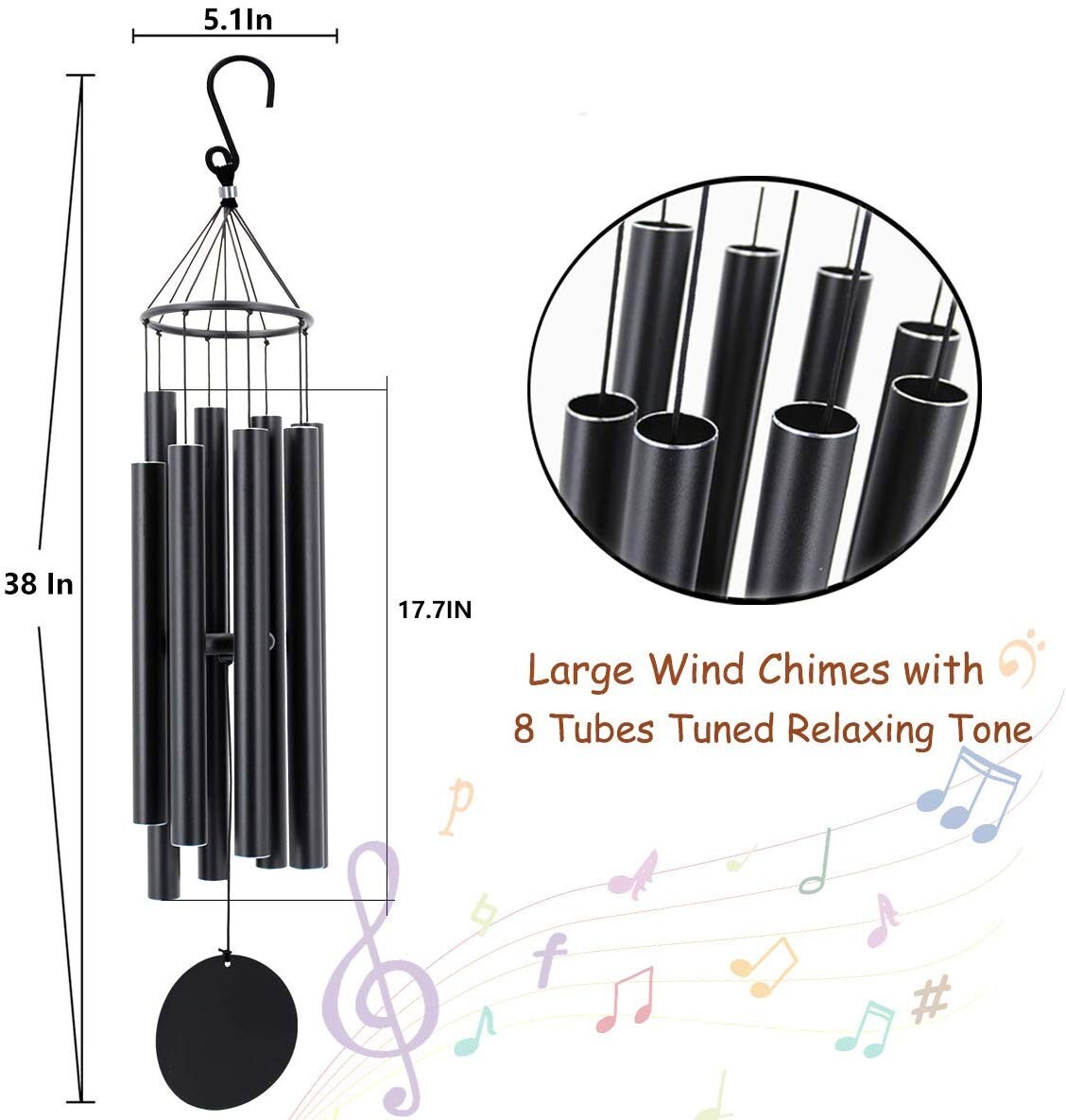 38in Long Wind Chimes 8 Tubes Copper Church Bell Outdoor Garden Decor Black