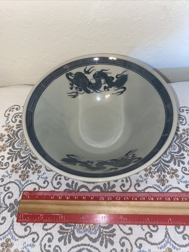 Chinese Blue & White Celadon Glazed Porcelain Bowl Painted Dragons 7in Vintage