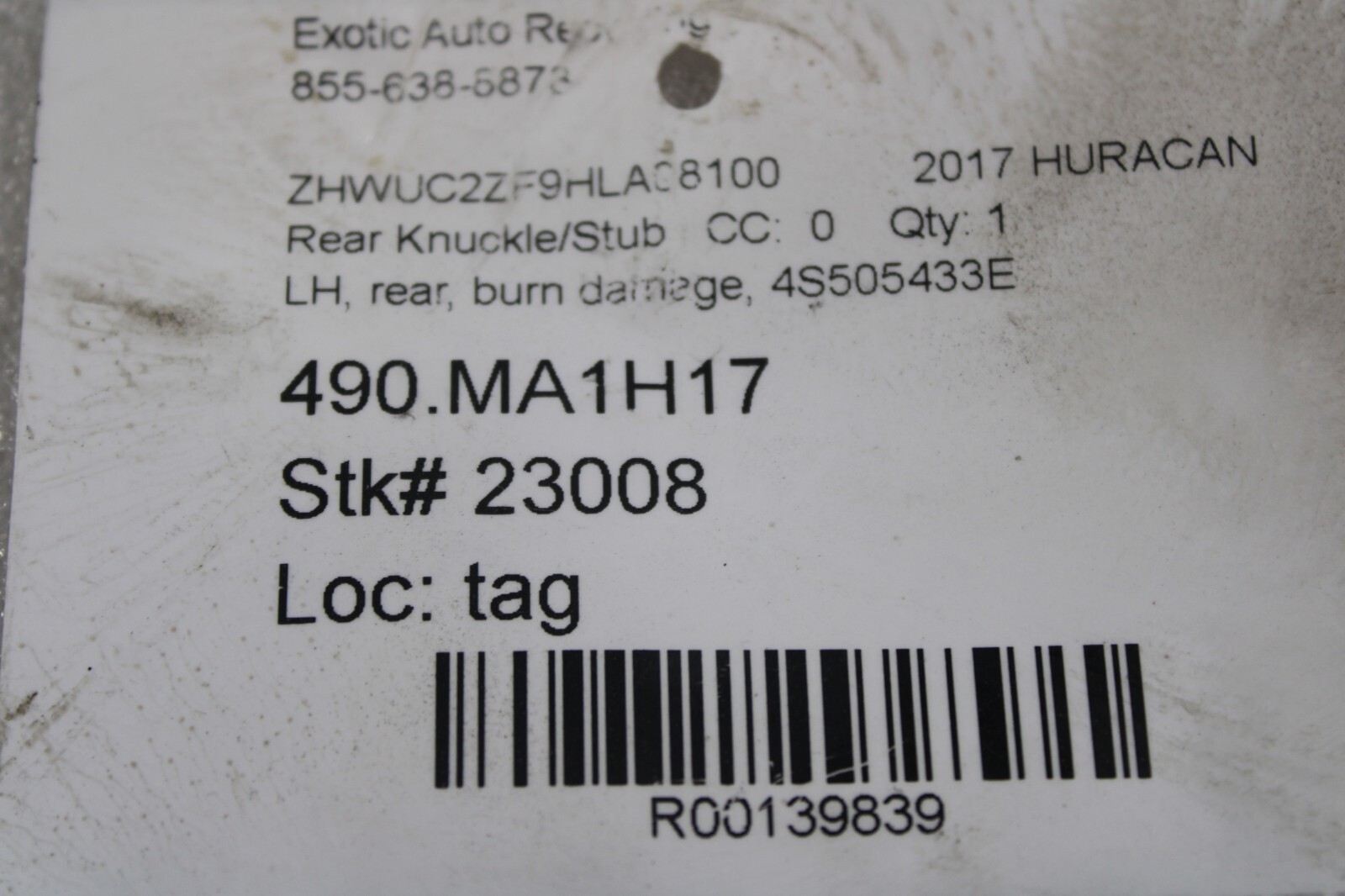Lamborghini Huracan, LH, Left, Rear Knuckle/Stub, Burn Dmg, Used, P/N 4S505433E