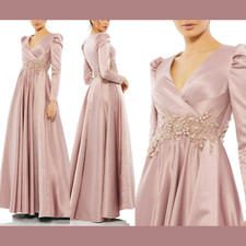 NWT $798 Mac Duggal [ 6 ] Long Sleeve Embellished Waist Gown in Rose Pink G1648
