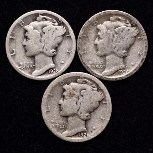 1928 P D S (3 PIECE LOT) Mercury Silver Dime AG / ABOUT GOOD FREE SHIPPING