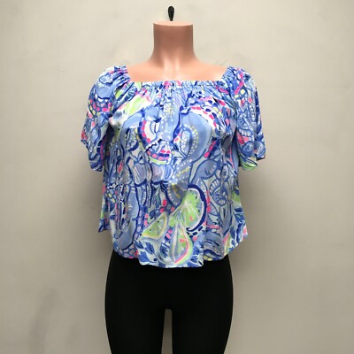 Lilly Pulitzer Women Blue Peri Pinch Floral Short Sleeve Off The Shoulder Top XS