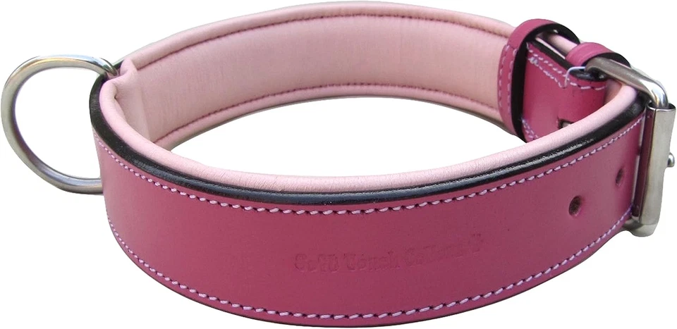 Collar acolchado de cuero rosa frambuesa para perro, para perras grandes, hecho con Genui Foto 2 de 4