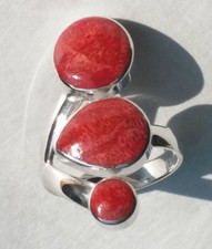 Large Sterling Silver 925 Sponge Coral Ring Large 3-Level Circle Teardrop 1.1x.5