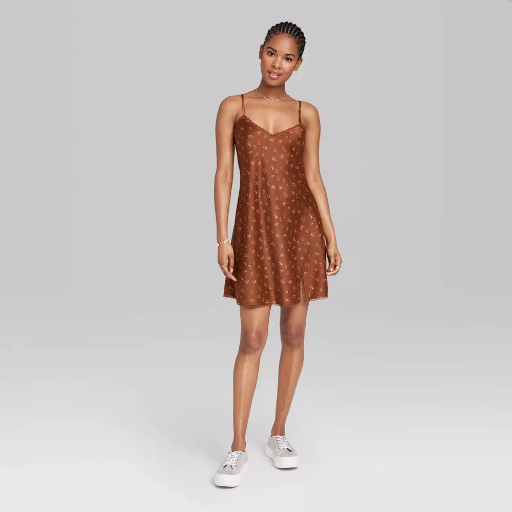 Women's Lace Trim Slip Dress Wild Fable Brown Cherries Size