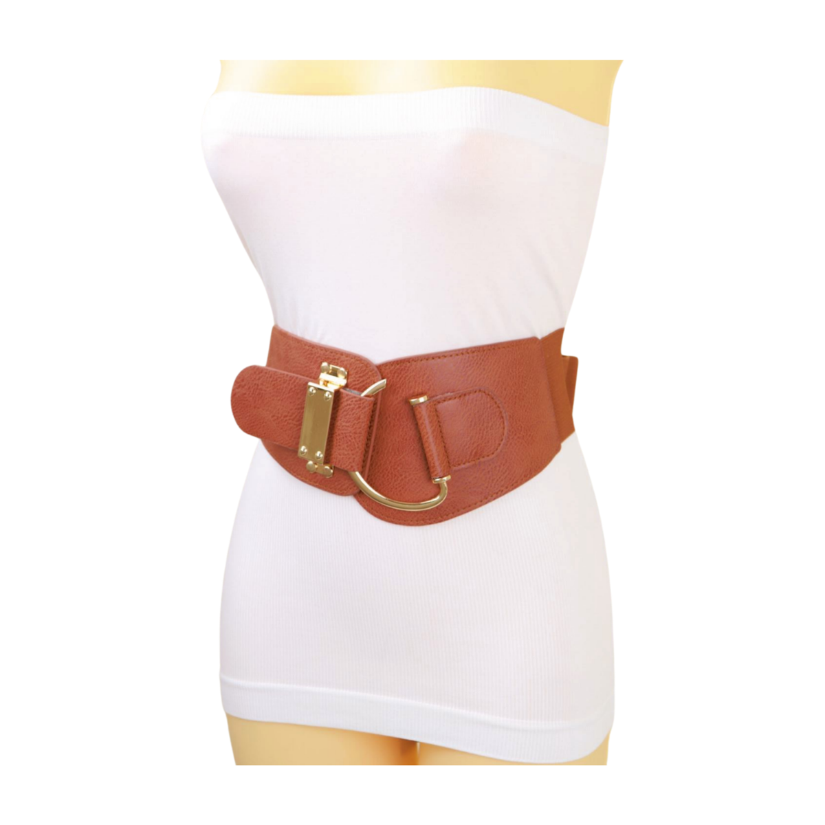 Women Gold Metal Hook Buckle Waist Hip Brown Stretch Elegant  display picture 3