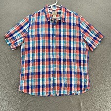 LL Bean Seersucker Shirt Mens Large Slightly Fitted Plaid Button Down Pink Blue