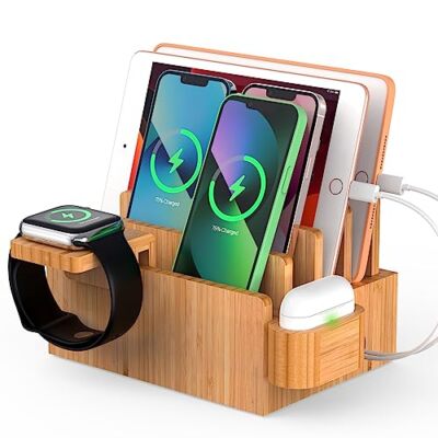 Bamboo Charging Station Organizer for Multiple Devices, Desktop Docking Stations