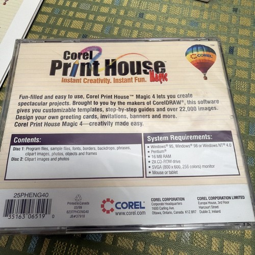 Vintage PC Software Corel Print House Magic -  Windows 95 98 - New - Open Box - Afbeelding 10 van 10