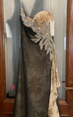 Terani Couture Size 6 Nude/black Strapless High Slit Dress Beaded Bodice Flowing