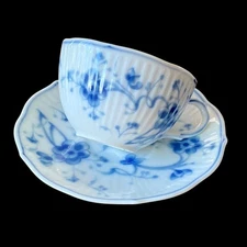 VTG Sigma Victoria Blue Floral Demitasse Tea Cup & Saucer Ribbed Bone China RARE