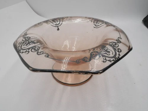 Vintage Pink Depression Glass Compote Bowl with Silver Overlay