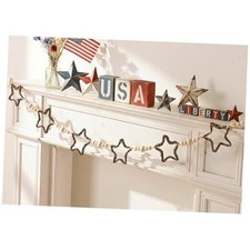 4th of July Garland Decorations, Farmhouse Patriotic Banner with Rattan Stars